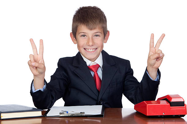 Little businessman in the office doing symbol of victory Little businessman in the office doing symbol of victory isolated on a over white background ganar stock pictures, royalty-free photos & images