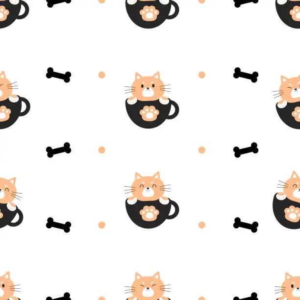 Vector illustration of Cute shiba inu dog sitting in coffee cup seamless pattern