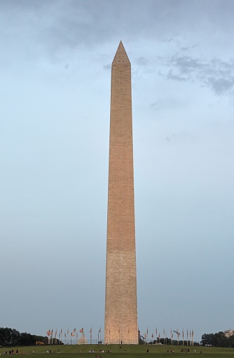 Majestic image of Washington Monument illuminated in the evening light set against a backdrop of American flags and lush green lawn