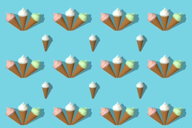 istock Seamless pattern of cones of multi-colored ice cream 3d rendering. Pink, white and green ice cream with shadow are isolated on blue background. Summer concept. Pattern design for banner, poster, flyer, card, postcard, cover, brochure. 1772517513