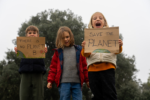 Three children protesting climate change with Save the planet and There is not planet B signs