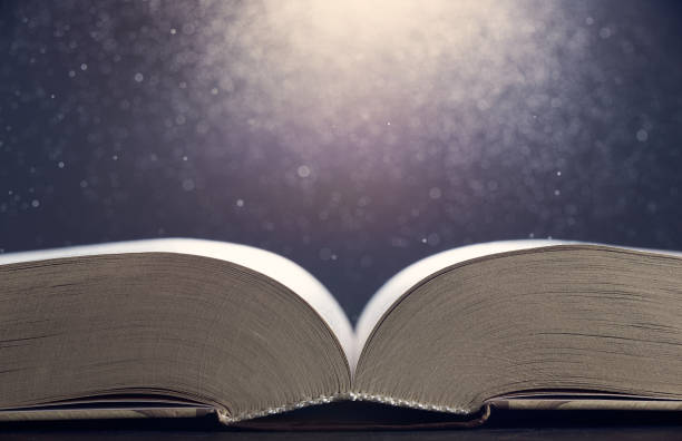 istock Open book illuminated by light side view close-up on a gray background. The background in blur. Photo with copy space. 1772525295