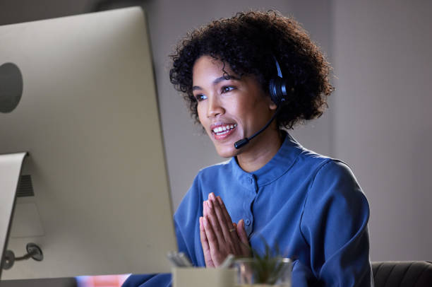 istock Computer video conference, customer support and professional woman consultation, discussion or conversation. Virtual meeting contact, call center or night consultant with thank you gesture on webinar 1772530840