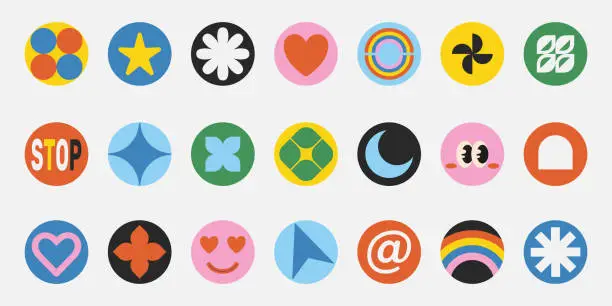 Vector illustration of Pack of retro Y2K round colorful stickers with shapes and symbols, cool old style flat labels, buttons, application icons