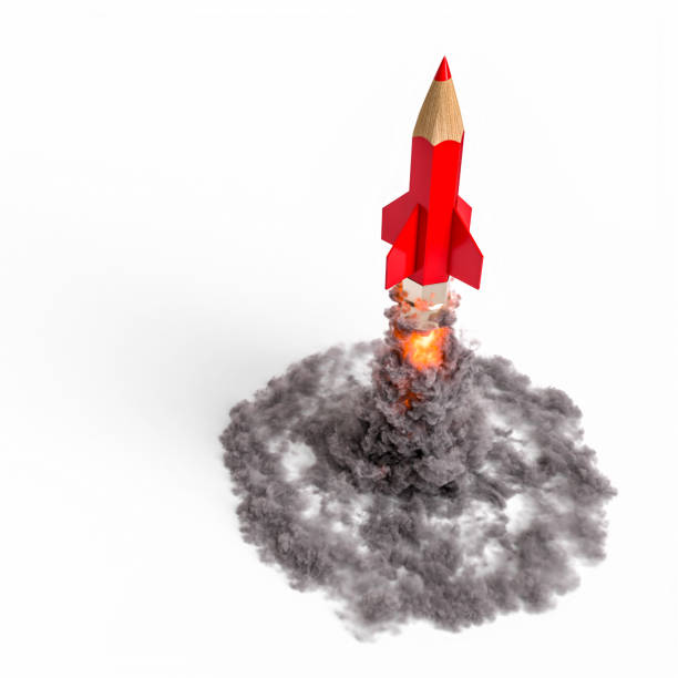 istock red pencil-shaped rocket with smoke on a white background. 1772541566