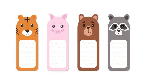 Vector illustration of Cute animal faces bookmarks collection. Tiger, pig, bear, raccoon notepad template