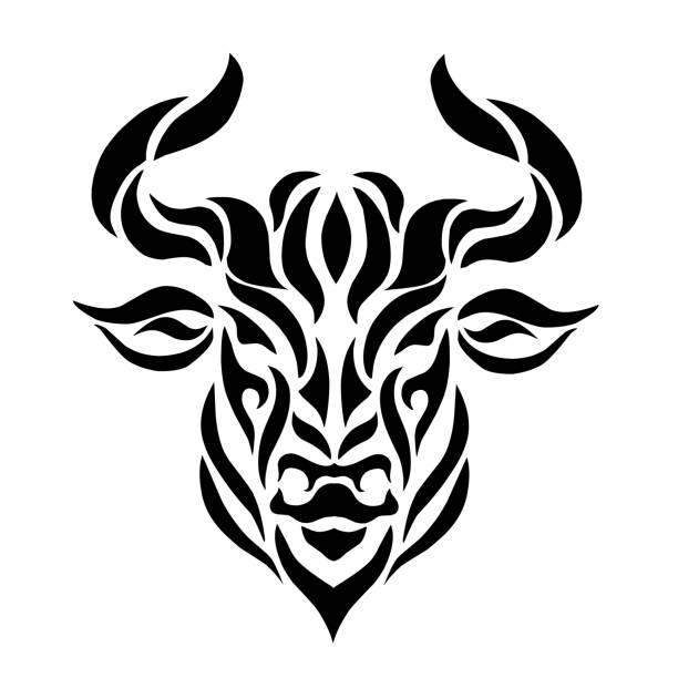 illustrazioni stock, clip art, cartoni animati e icone di tendenza di tatuaggio testa di toro nero di design di arte tribale - horned death dead texas longhorn cattle