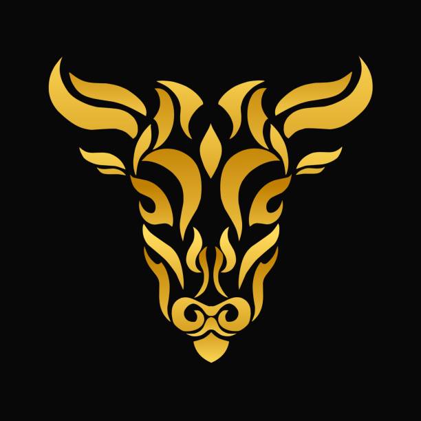 illustrazioni stock, clip art, cartoni animati e icone di tendenza di arte tribale design testa di toro d'oro - horned death dead texas longhorn cattle