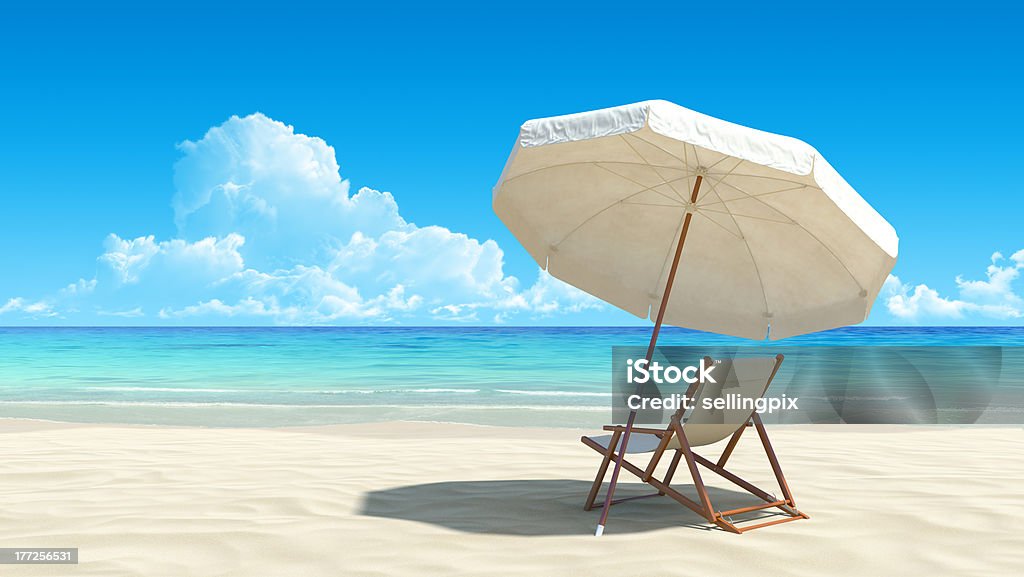Sunlounger and umbrella on deserted tropical beach No noise, clean, extremely detailed 3d render. Concept for rest, relaxation, holidays, spa, resort design. Beach Stock Photo