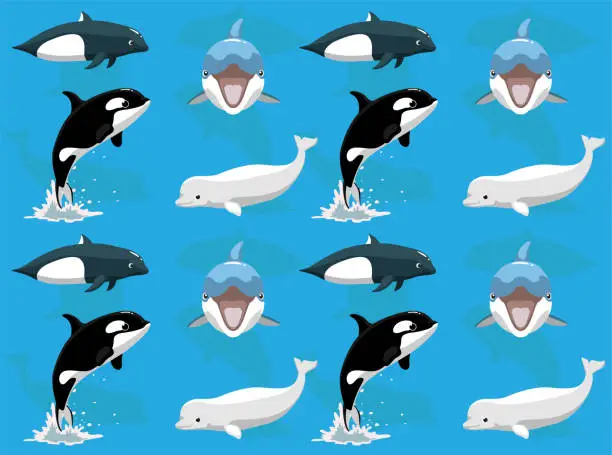 Vector illustration of Dolphin Orca Porpoise Beluga Cartoon Seamless Wallpaper Background
