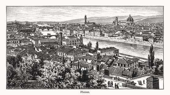 Historical view of Florence, Tuscany, Italy. Unesco World Heritage Site since 1982. Wood engraving, published in 1894.