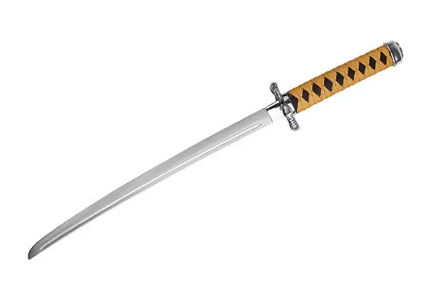Japanese samurai sword with a yellow-black ink on white background