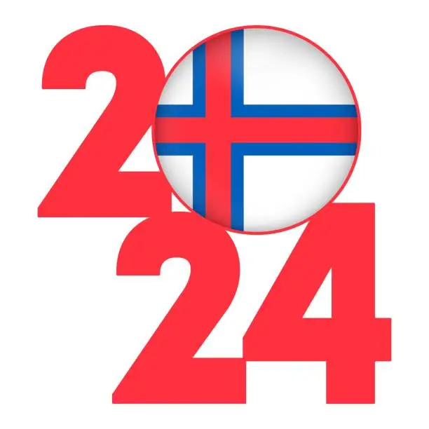 Vector illustration of Happy New Year 2024 banner with Faroe Islands flag inside. Vector illustration.