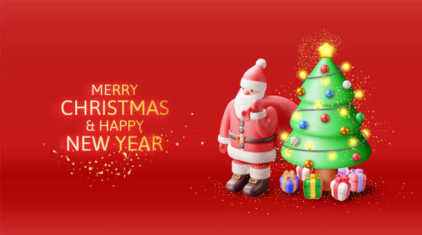ilustraciones, imágenes clip art, dibujos animados e iconos de stock de papá noel 3d con campana y árbol de navidad verde - vector bell christmas lights celebration