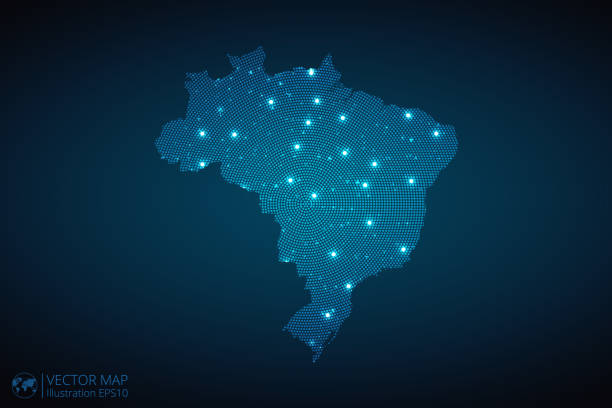 brazílie mapa radiální tečkovaný vzor ve futuristickém stylu, design modrý kruh zářící obrys tvořený hvězdami. koncept komunikace na tmavě modrém pozadí - thailand map stock ilustrace