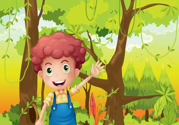 Vector illustration of Young man waving his hand in the middle of forest