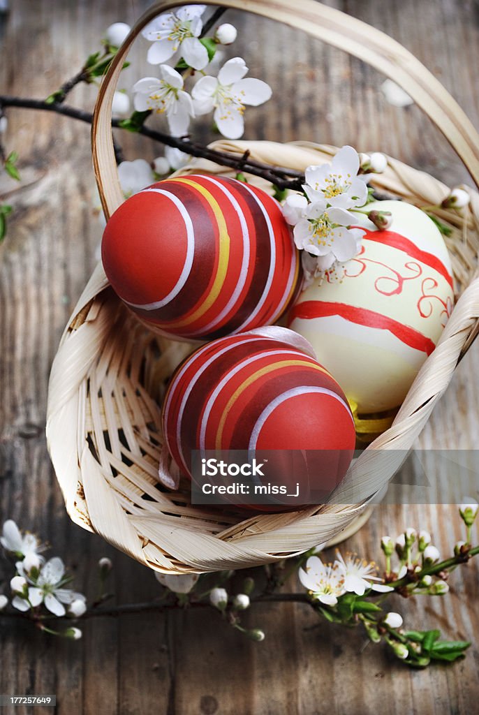 Easter Egg Easter eggs in basket on wooden background Animal Egg Stock Photo