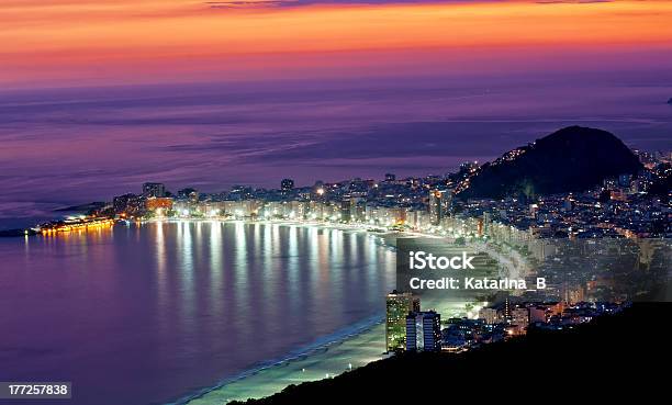 Night View Of Copacabana Beach Rio De Janeiro Stock Photo - Download Image Now - Christ The Redeemer, Rio de Janeiro, Sunset