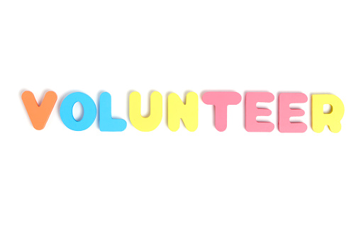 Word volunteer composed multi colored letters white background