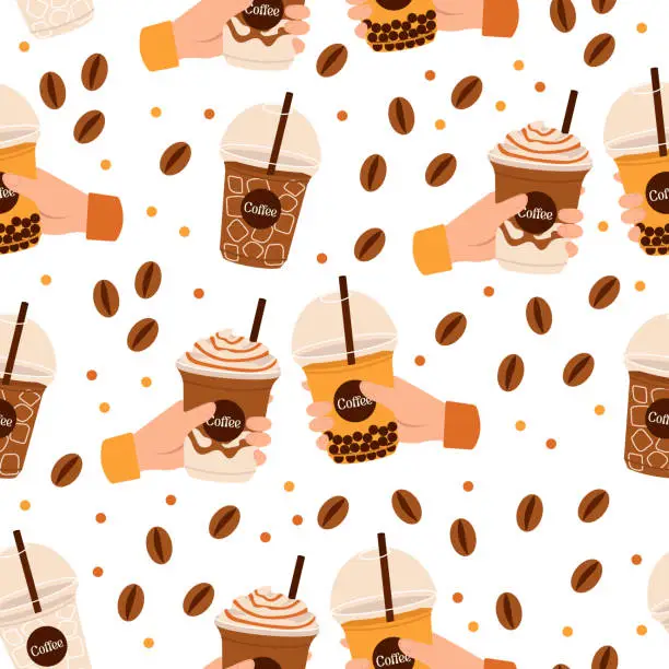 Vector illustration of Seamless pattern with cold coffee, matcha or other drinks. Coffee beans. Vector graphic.