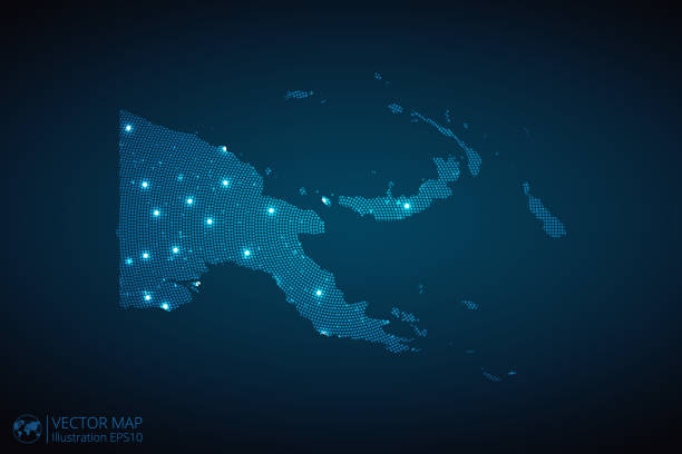 istock Papua New Guinea Map radial dotted pattern in futuristic style, design blue circle glowing outline made of stars. concept of communication on dark blue background 1772580092
