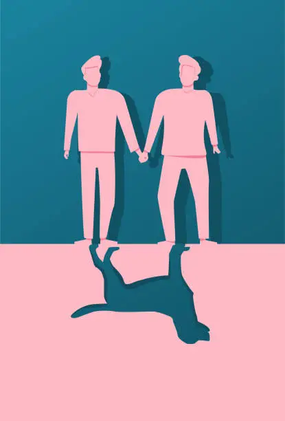Vector illustration of Gay Couple Holding Hands Thinking About Adopting or Fostering A Homeless, Rescue Pet, Yellow Labrador, Dog, or Mourning The Loss of A Dog.