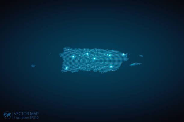 プエルトリコの地図は、未来的なスタイルの放射状の点線パターンで、星で作られた青い円の輝く輪郭をデザインします。紺色の背景にコミュニケーションの概念 - puerto rico map vector road点のイラスト素材／クリップアート素材／マンガ素材／アイコン素材