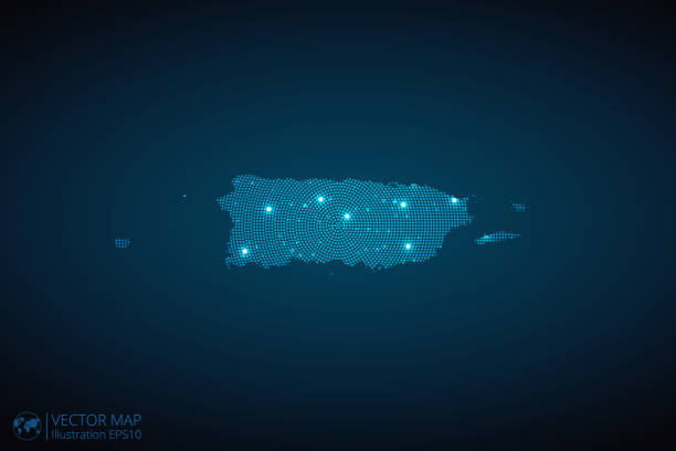 mapa puerto rico radialny kropkowany wzór w futurystycznym stylu, niebieskie koło świecące kontury wykonane z gwiazd. koncepcja komunikacji na ciemnoniebieskim tle - puerto rico map vector road stock illustrations