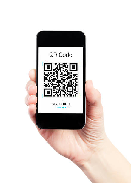 Hand Holding Mobile Phone With QR Code Scanner Hand holding mobile smart phone with QR code scanner on the screen. Isolated on white. coding qr code mobile phone telephone stock pictures, royalty-free photos & images