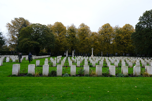 War graves of  World War I and World War II soldiers at the Allied Military Cemetery in Brussels, Belgium on Oct. 29, 2023.