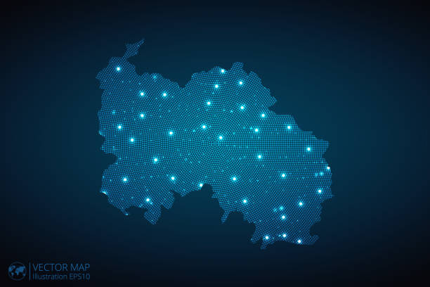 istock South Ossetia Map radial dotted pattern in futuristic style, design blue circle glowing outline made of stars. concept of communication on dark blue background 1772591753