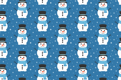 Cute Vector Snowman Seamless Pattern. Falling Snowflakes on Blue Background. Christmas and New Year Design. Winter pattern for wrapping paper, package, or fabric