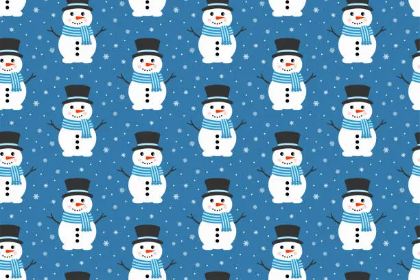Vector illustration of Cute Vector Snowman Seamless Pattern. Falling Snowflakes on Blue Background. Christmas and New Year Design