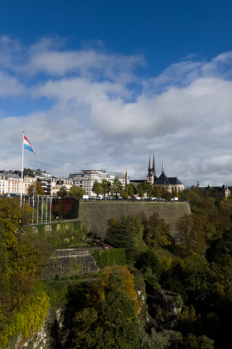 National flags of Luxembourg waving in Luxembourg city on October 24, 2023.