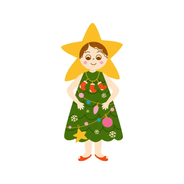 Vector illustration of Kids Christmas costume vector isolated element. Little girl wearing Christmas tree costume for party