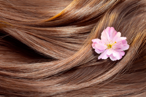 Beauty care concept: beautiful healthy shiny hair with highlighted golden streaks and a sakura flower