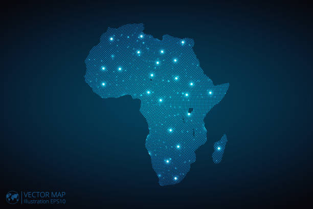 istock Africa Continent Map radial dotted pattern in futuristic style, design blue circle glowing outline made of stars. concept of communication on dark blue background 1772597197