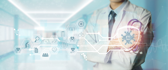 Artificial intelligence (AI) in healthcare concept. Helping to diagnose diseases more accurately, personalize treatments, and reduce costs. Analyze data to identify patterns and predictions.