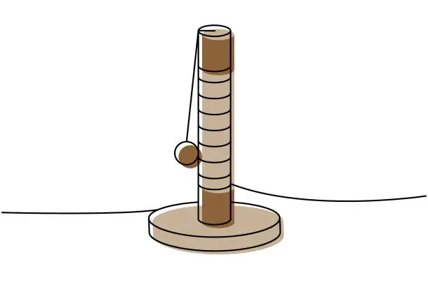 Vector illustration of Cat tower, cat scratch post one line colored continuous drawing. Animals accessories, pet toy supplies continuous one line illustration.