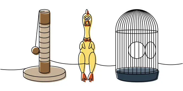 Vector illustration of Pet supplies set one line colored continuous drawing. Cat tower, cat scratch post, rubber chicken toy, bird cage continuous one line illustration.