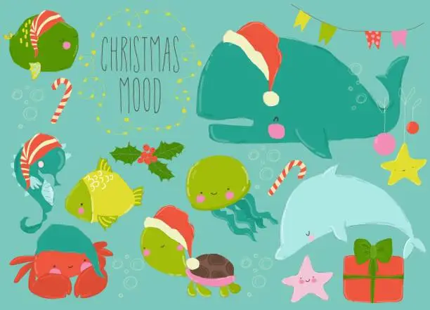 Vector illustration of Cute Cartoon Set of Fish and Underwater World with Christmas Elements