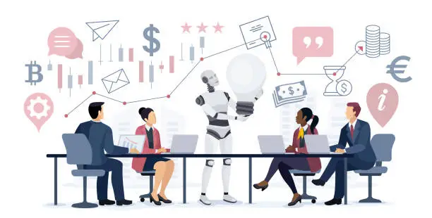 Vector illustration of AI Robot presenting an idea to a group of business people.