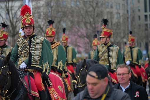 Budapest, Hungary - March 15, 2023: Budapest National day cavalry ride.