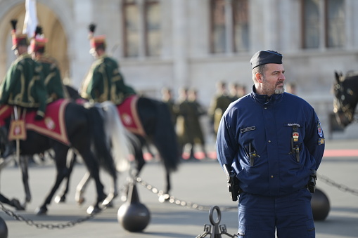 Budapest, Hungary - January 23 2023: Policeman keeps order during a military parade near parliament building.