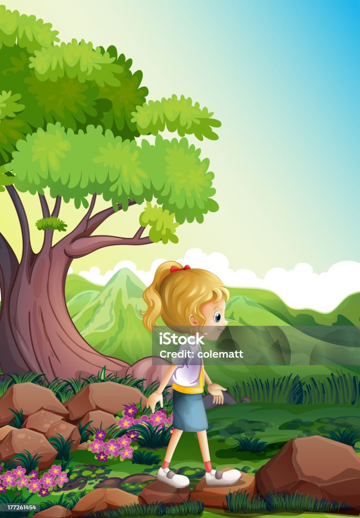 Ragazza camminare sopra le rocce nella foresta - arte vettoriale royalty-free di Adolescente