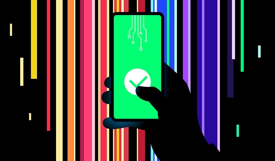 Hand holding smarphone on a dark background with vibrant colourful lines. Contactless payment, startup, fintech concept. Vector illustration.