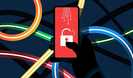 Hacker in a black glove holding smartphone with a sign of opened lock. Internet security, hacking, scam concept. Vector illustration.