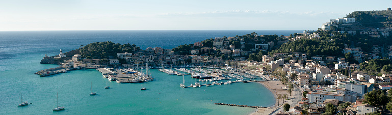 Panoramic view of Port of Soller, in the north of Majorca island, the major of Balearic Islands in Spain. This is a typical mediterranean port with a beach.