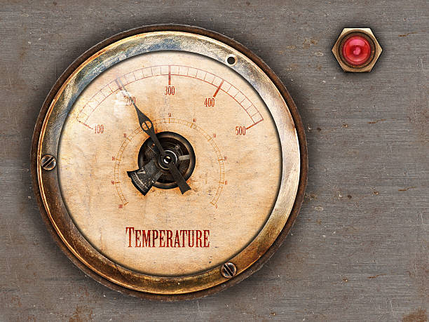 Steampunk themed vintage brass and copper gauge with red lamp on metal background