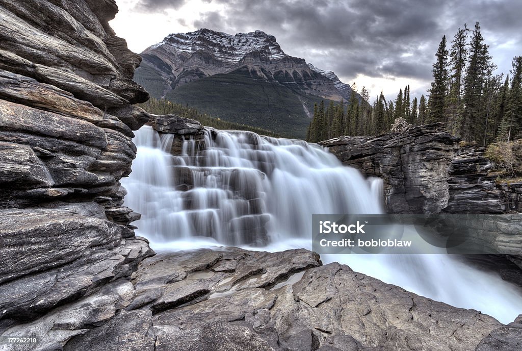 Athabasca Waterfall Alberta Canada Athabasca Waterfall Alberta Canada river flow and blurred water Alberta Stock Photo